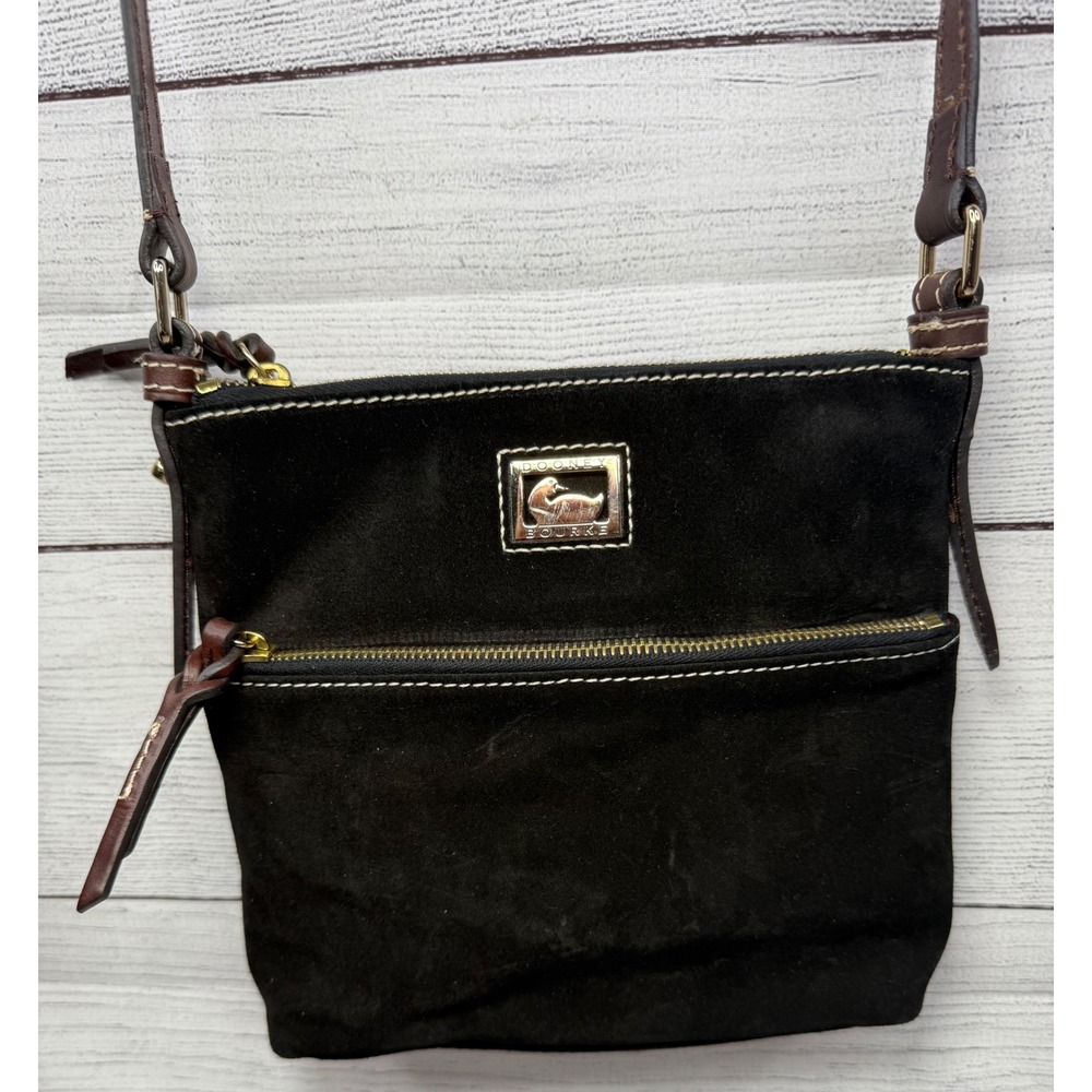 Dooney Bourke Black Suede Leather Crossbody Bag Gold Tone Logo Adjustable Strap - Picture 2 of 10